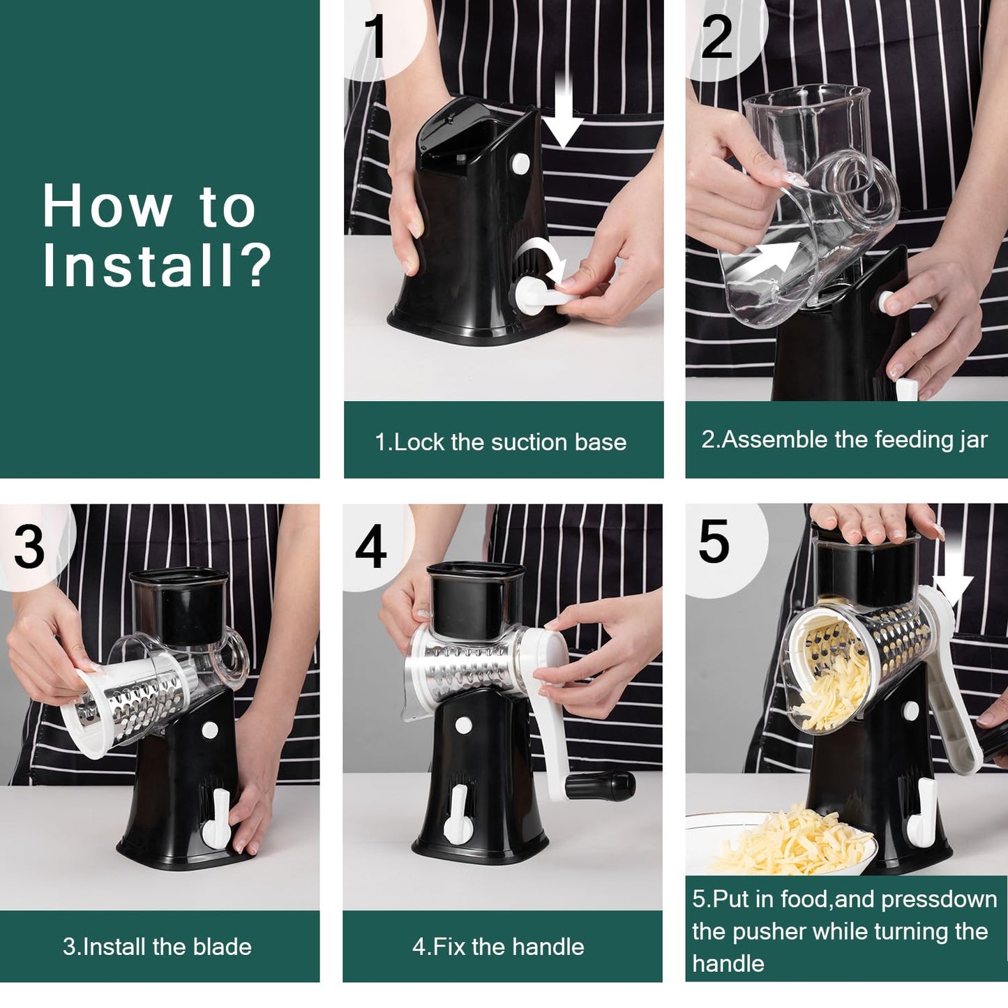 Rotary cheese grater - hand-cranked,5in1 washable & easy to clean - perfect for chefs, cuts cheese, veggies, fruits, nuts, crackers - upgraded model with strong suction-Hand Crank Cheese Grater