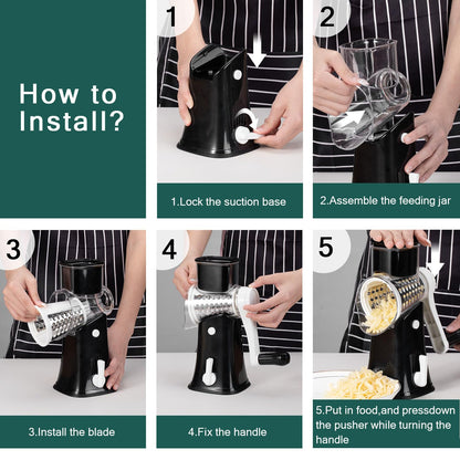 Rotary cheese grater - hand-cranked,5in1 washable & easy to clean - perfect for chefs, cuts cheese, veggies, fruits, nuts, crackers - upgraded model with strong suction-Hand Crank Cheese Grater