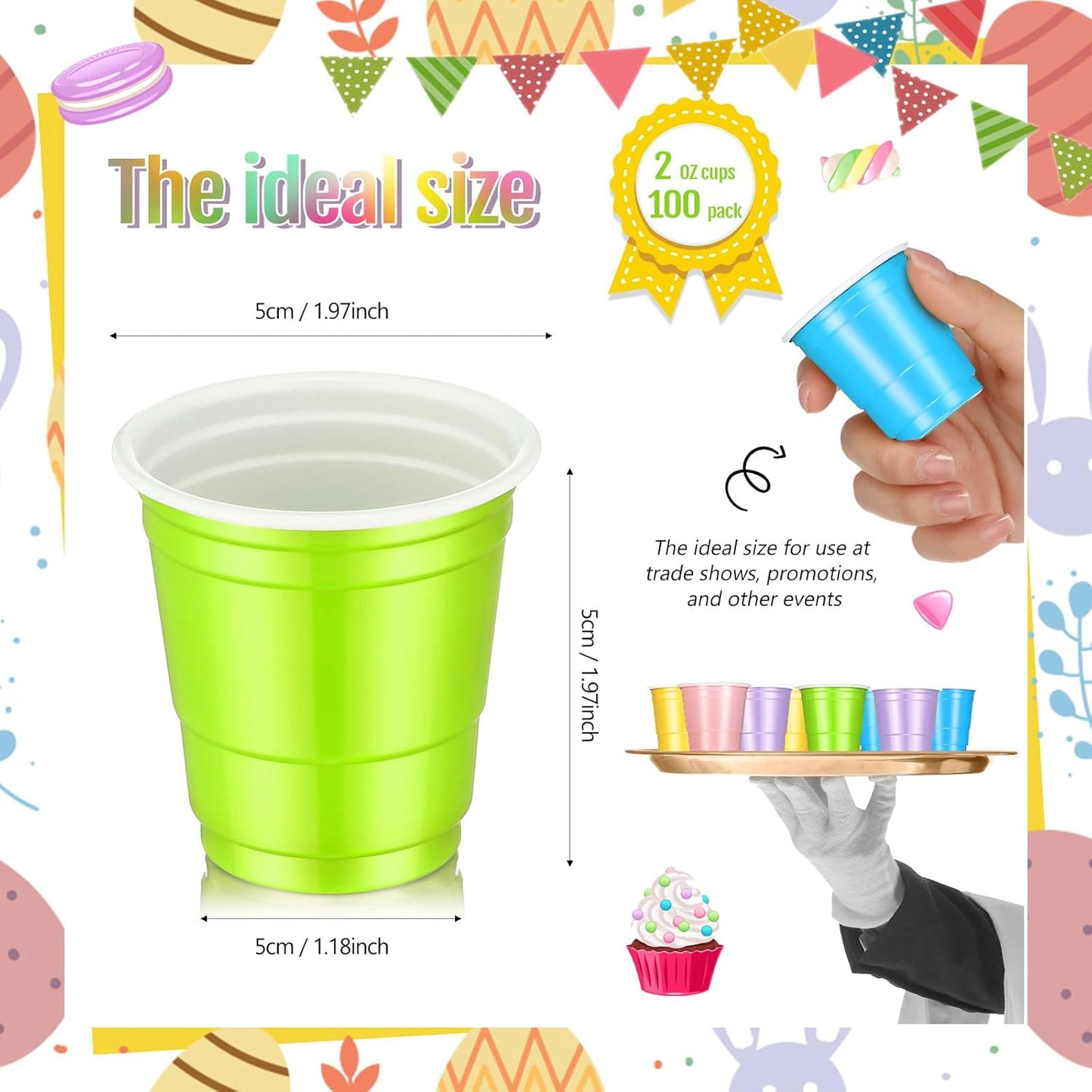 Roshtia 100 Pack 2 Oz Plastic Shot Cups - Mini Disposable Party Glasses for Weddings & Events | Multicolor
