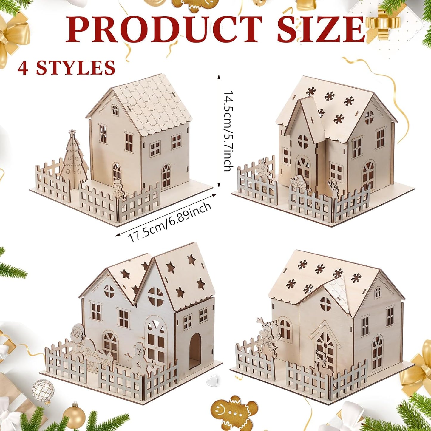 Qunclay Light Up Christmas Village Set - 4 Unfinished Wooden Houses for Holiday Crafts & Decorations