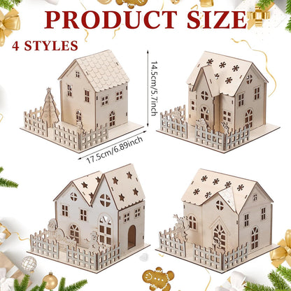 Qunclay Light Up Christmas Village Set - 4 Unfinished Wooden Houses for Holiday Crafts & Decorations