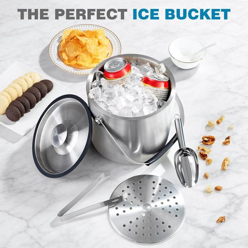 4L Ice Bucket with Lid, Scoop, Tongs and Strainer, Double Wall Stainless Steel Ice Buckets for Parties, Cocktail Bar, Chilling Wine, Champagne, Large Outdoor Champagne Ice Container
