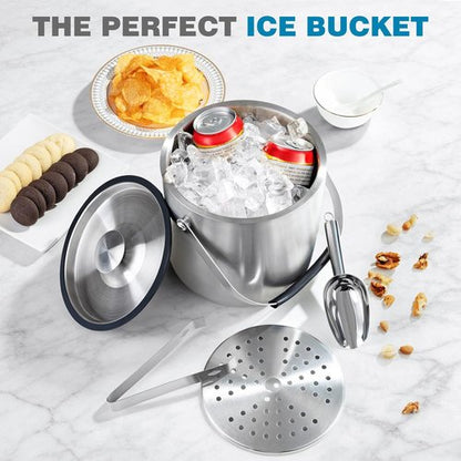 4L Ice Bucket with Lid, Scoop, Tongs and Strainer, Double Wall Stainless Steel Ice Buckets for Parties, Cocktail Bar, Chilling Wine, Champagne, Large Outdoor Champagne Ice Container