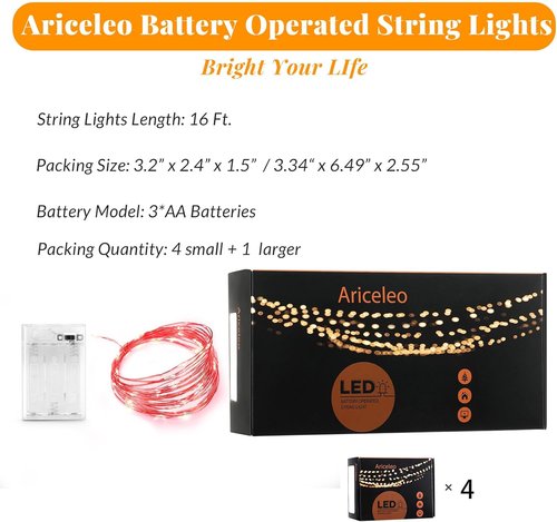 Ariceleo LED Fairy Lights - Battery Operated Copper Wire String Lights | 5m/16ft Red for Bedroom, Weddings & Parties