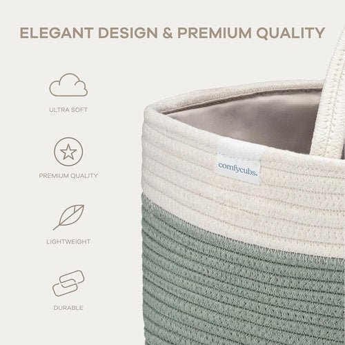 Comfy Cubs Diaper Caddy Organizer - Large 8.5" x 15" x 8" Cotton Basket with 3 Compartments - Stylish Sage Design for Baby Essentials