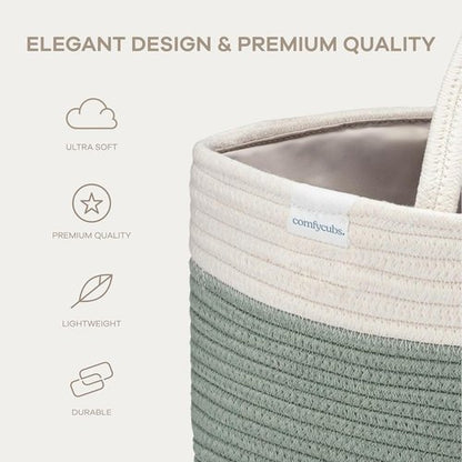 Comfy Cubs Diaper Caddy Organizer - Large 8.5" x 15" x 8" Cotton Basket with 3 Compartments - Stylish Sage Design for Baby Essentials