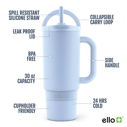 Ello Port 30oz Tumbler with Carry Loop & Integrated Handle, Vacuum Insulated Stainless Steel Reusable Water Bottle, Travel Mug with Leak Proof Lid & Straw, Perfect for Iced Coffee & Tea, Halogen Blue