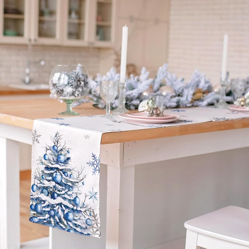 Winter Trees Table Runner 13x108 Inches with Frosty Roses & Christmas Trees – Burlap Style, Seasonal Decor (Variation: Winter Snowflakes Pine Tree 13x108)
