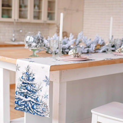 Winter Trees Table Runner 13x108 Inches with Frosty Roses & Christmas Trees – Burlap Style, Seasonal Decor (Variation: Winter Snowflakes Pine Tree 13x108)