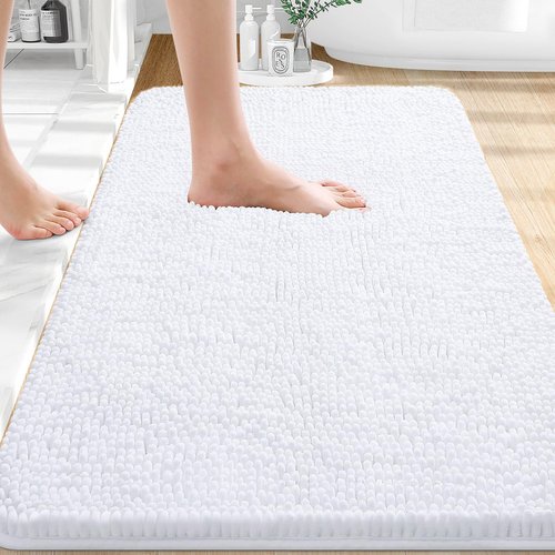 OLANLY Bathroom Rugs 32x20, Extra Soft Absorbent Chenille Bath Rugs, Rubber Backing Quick Dry, Machine Washable Bath Mats for Bathroom Floor, Tub and Shower, Home Decor Accessories, White