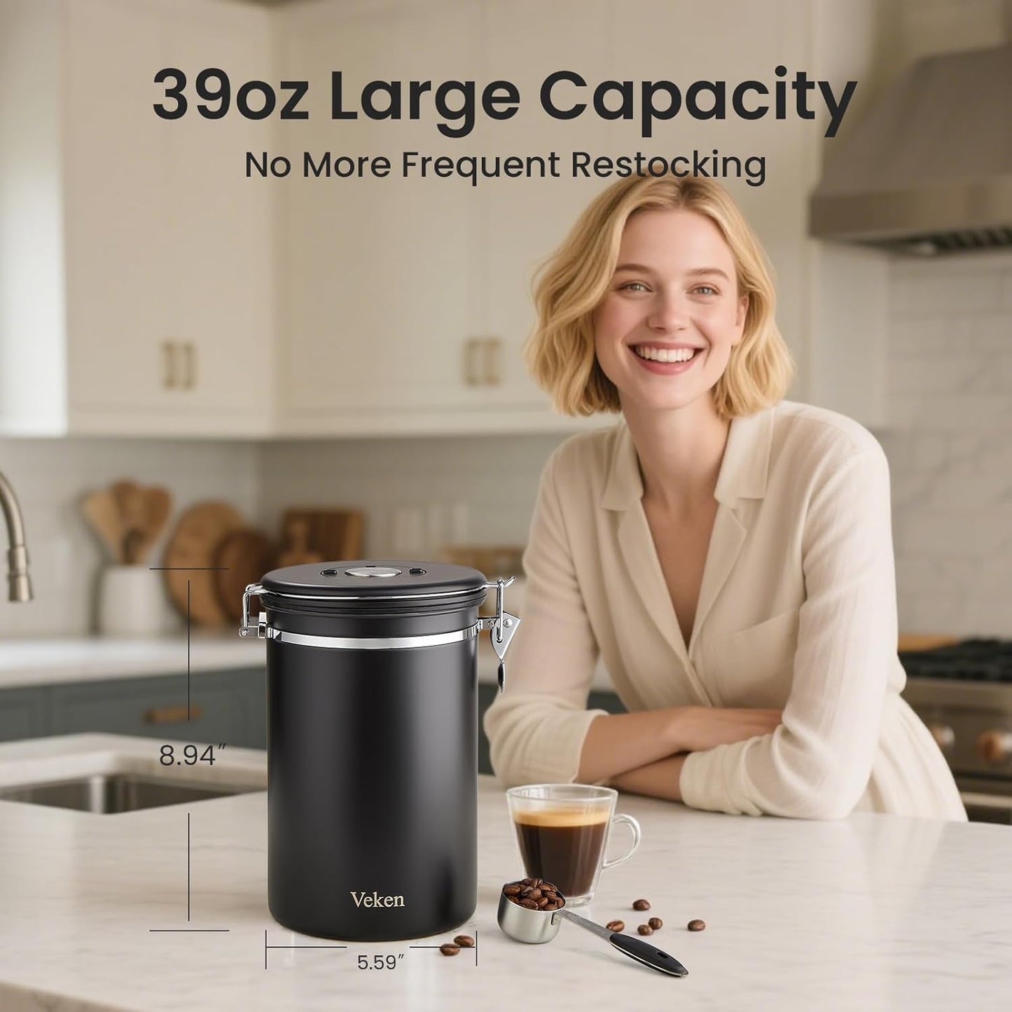 Veken Coffee Canister - Airtight Stainless Steel Food Storage Container | 39oz for 2.2lbs Beans, Sugar, Tea, Black