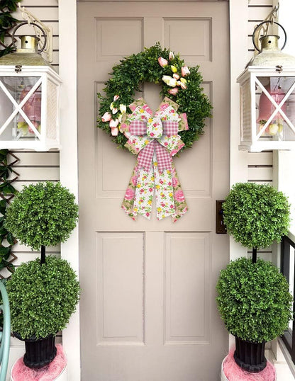 ALIBBON Large Spring Bows - Pink Buffalo Plaid Burlap Flower Bows for Wreaths & Crafts | Indoor/Outdoor Decor