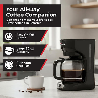 Mueller 12-Cup Drip Coffee Maker - Borosilicate Carafe, Auto-Off & Reusable Filter | Kitchen Essential