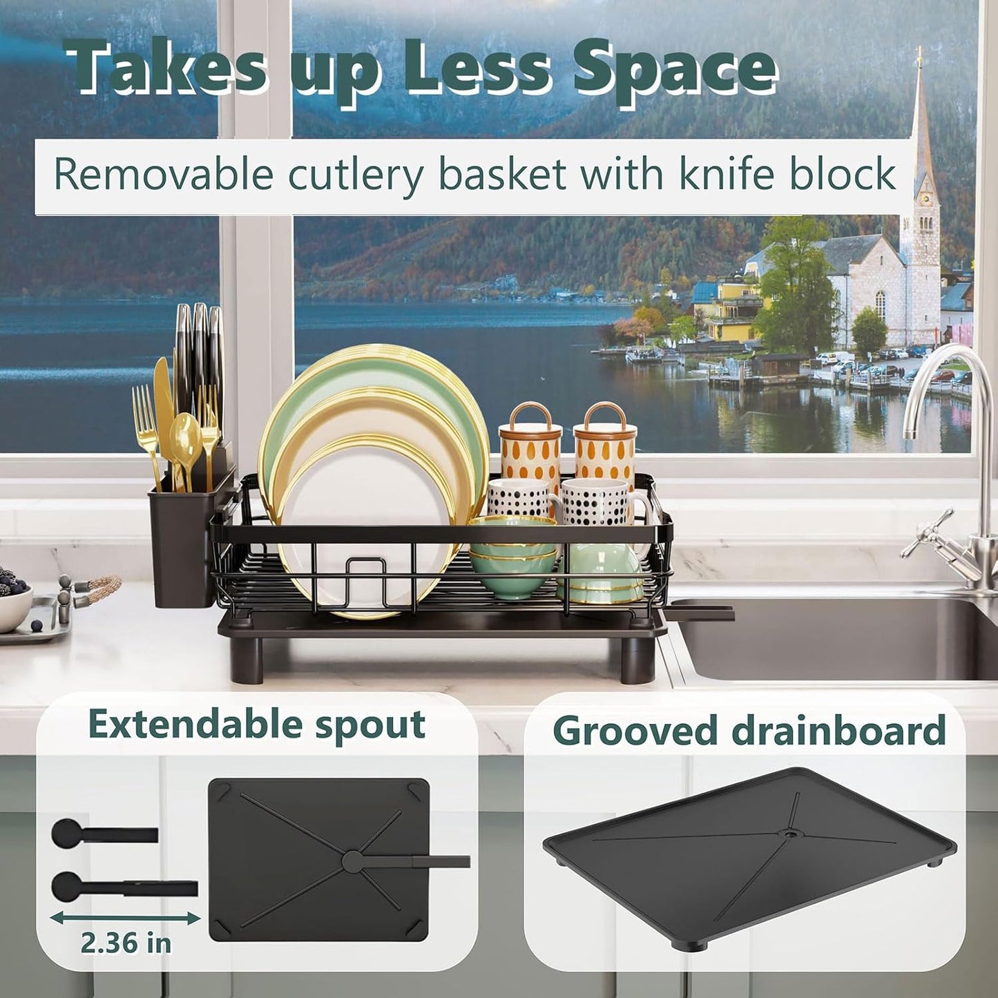 Skiennix Iron Dish Drying Rack - Extendable Kitchen Counter Drainer with Utensil Holder & Knife Slots, Black