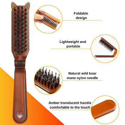 Travel Folding Hair Brush Portable Pocket Boar Bristle Brush for Women, Men, and Children, Folding Mini Boar Bristle for Wet and Dry Hair, Curly and Detangle 2 Pack