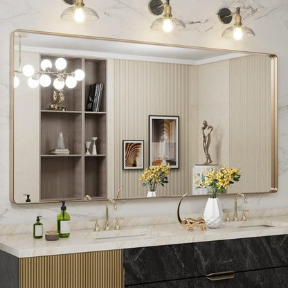 LOAAO Gold Bathroom Mirror - 72”x36” Rounded Rectangle Design | Wall-Mounted, Anti-Rust Tempered Glass