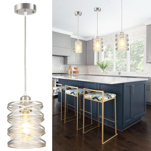 foucasal Brushed Nickel Pendant Light for Kitchen Island Spiral Iron Pendant Light Fixtures with Seeded Glass Shade, Adjustable Height Hanging Pendant Lighting for Dining Room Hallway Kitchen Foyer