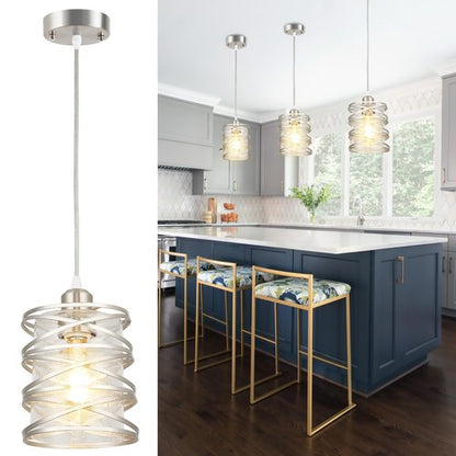 foucasal Brushed Nickel Pendant Light for Kitchen Island Spiral Iron Pendant Light Fixtures with Seeded Glass Shade, Adjustable Height Hanging Pendant Lighting for Dining Room Hallway Kitchen Foyer