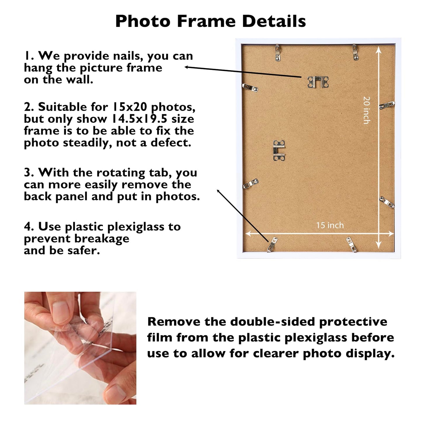 JCJMY 15x20 Picture Frame White for Poster Photo Picture, Horizontal and Vertical Formats for Wall Hanging, 15 x 20 Wall Gallery Poster Photo Frame for 15 by 20 Photos Posters, White