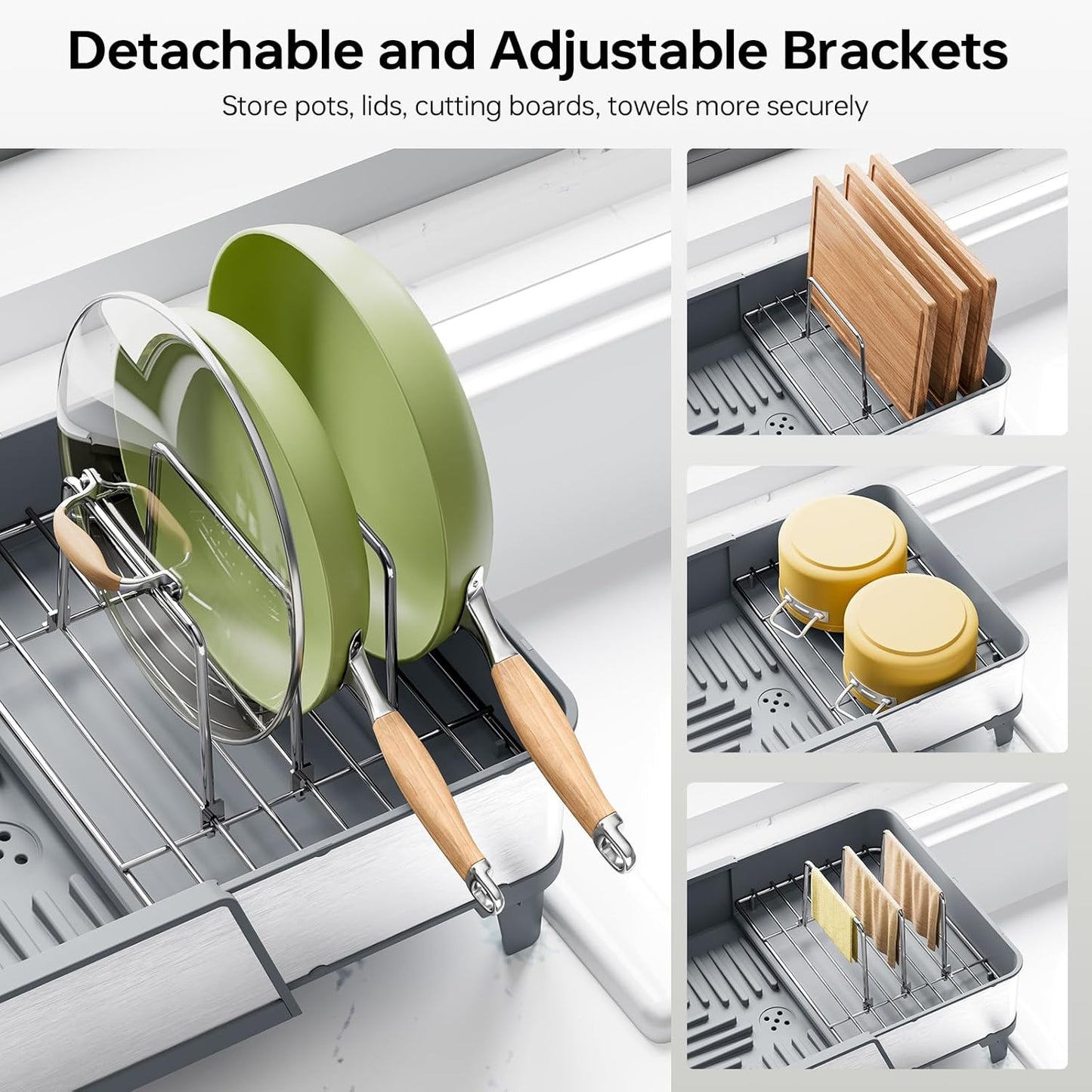 Skiennix Large Dish Drying Rack - Triple Expandable Stainless Steel Kitchen Organizer | Gray with Utensil & Pans Holder