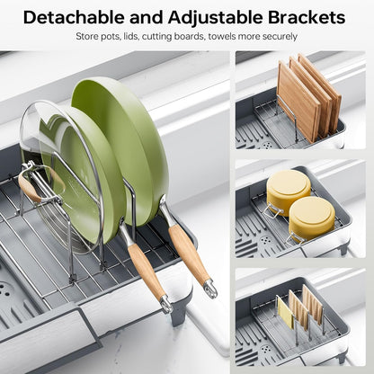 Skiennix Large Dish Drying Rack - Triple Expandable Stainless Steel Kitchen Organizer | Gray with Utensil & Pans Holder