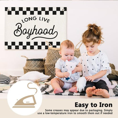 ETVISO Long Live Boyhood Black and White Checkered Boys Room Decor - Linen Banner Wall Hanging Canvas Banner Flag Decor for Toddler Boy Bedroom Nursery Playroom