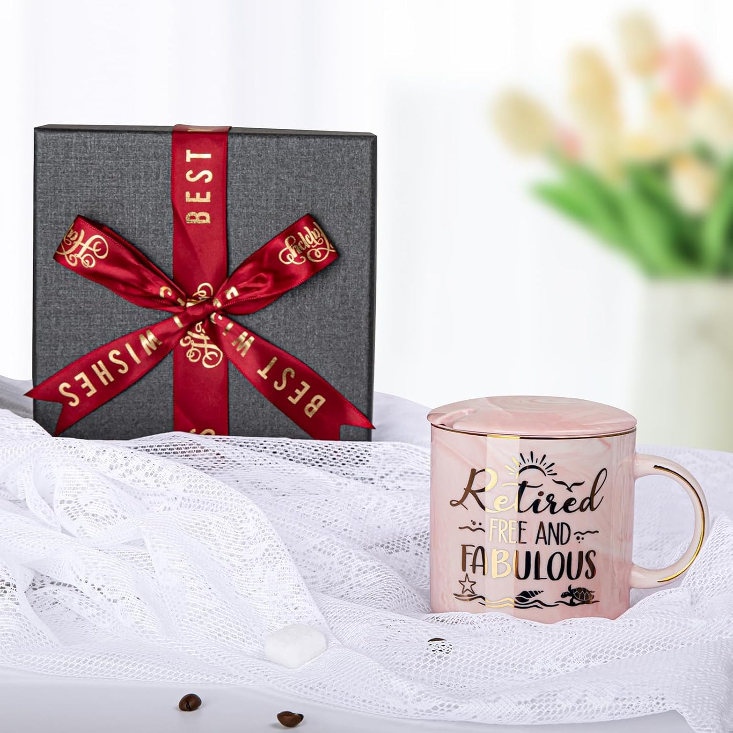 Retirement Gift for Woman 2026 - Retirement Gifts for Women, Coworker Leaving, Farewell, Going Away, Goodbye Gifts, Retired Free And Fabulous -14oz Pink Marble Coffee Mug, Gift Box