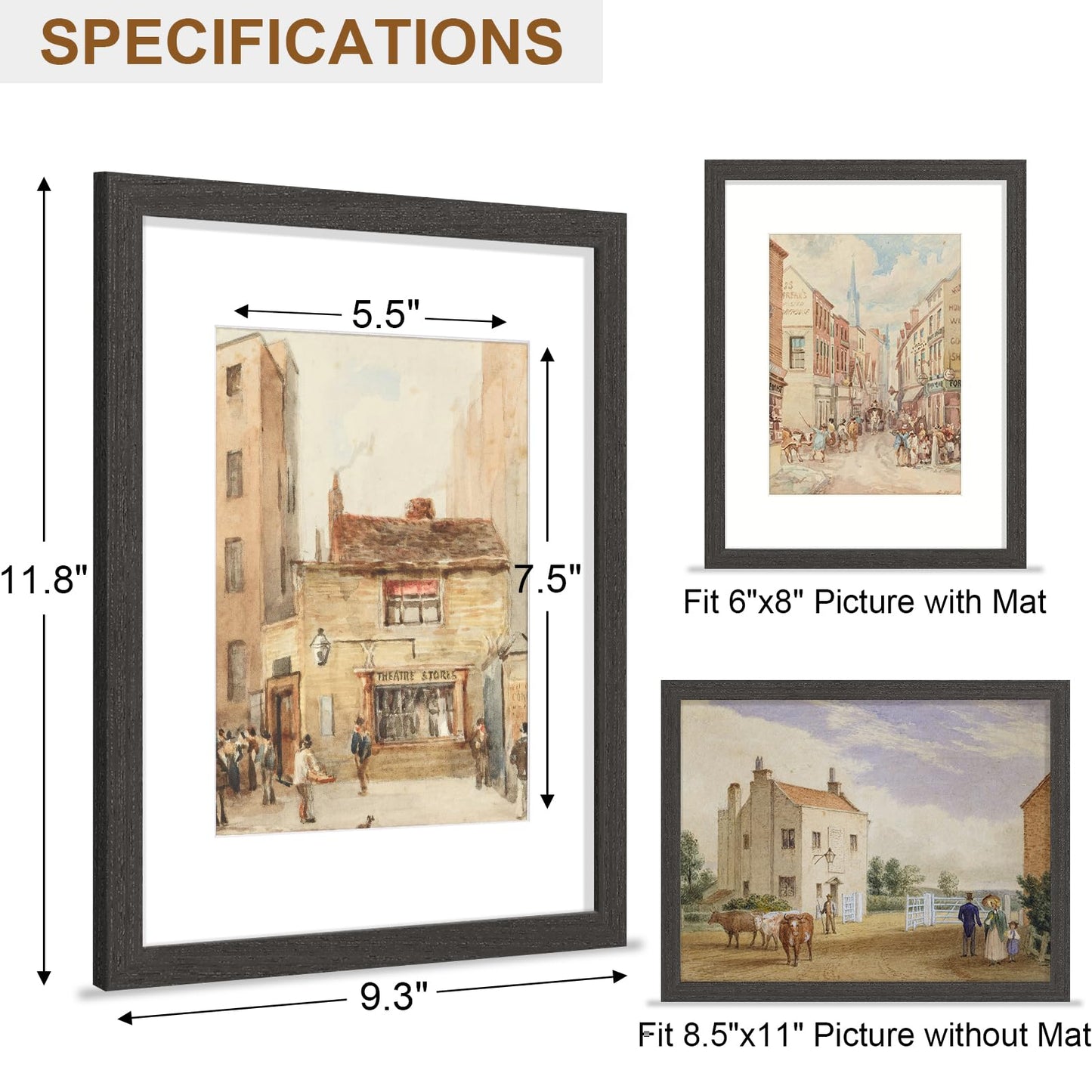 Vittanly 8.5x11 Picture Frame, Solid Wood Frame with Plexiglass, Includes 6x8 Mat, Wall Hanging or Tabletop for Photos, Home Decor, Charcoal Black, 1 Pack