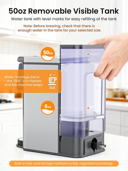 Skiennix K Cup Coffee Maker - Hot & Iced Brewing, 6-14 Oz Sizes, 50 Oz Removable Tank, Stainless Steel, Black