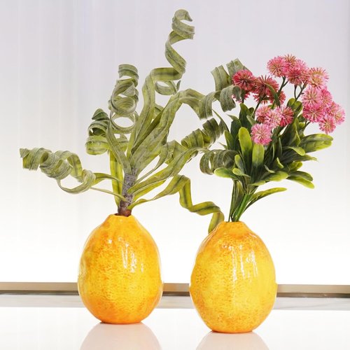 Cynkeyee Unique Lemon-Shaped Vases - Set of 2 Ceramic Decor for Flowers | 3.5 x 3.5 x 4.5 Inch