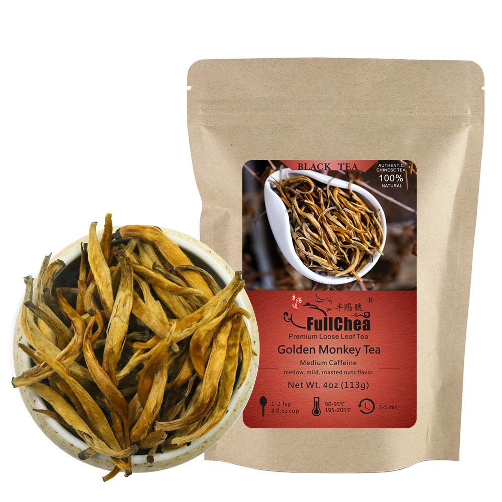 FullChea - Imperial Golden Monkey Tea - Yunnan Black Tea Loose Leaf - Chinese Yunnan Pure Gold Tea - Naturally with Roasted Nuts Flavor - Health Tea - 4oz / 113g