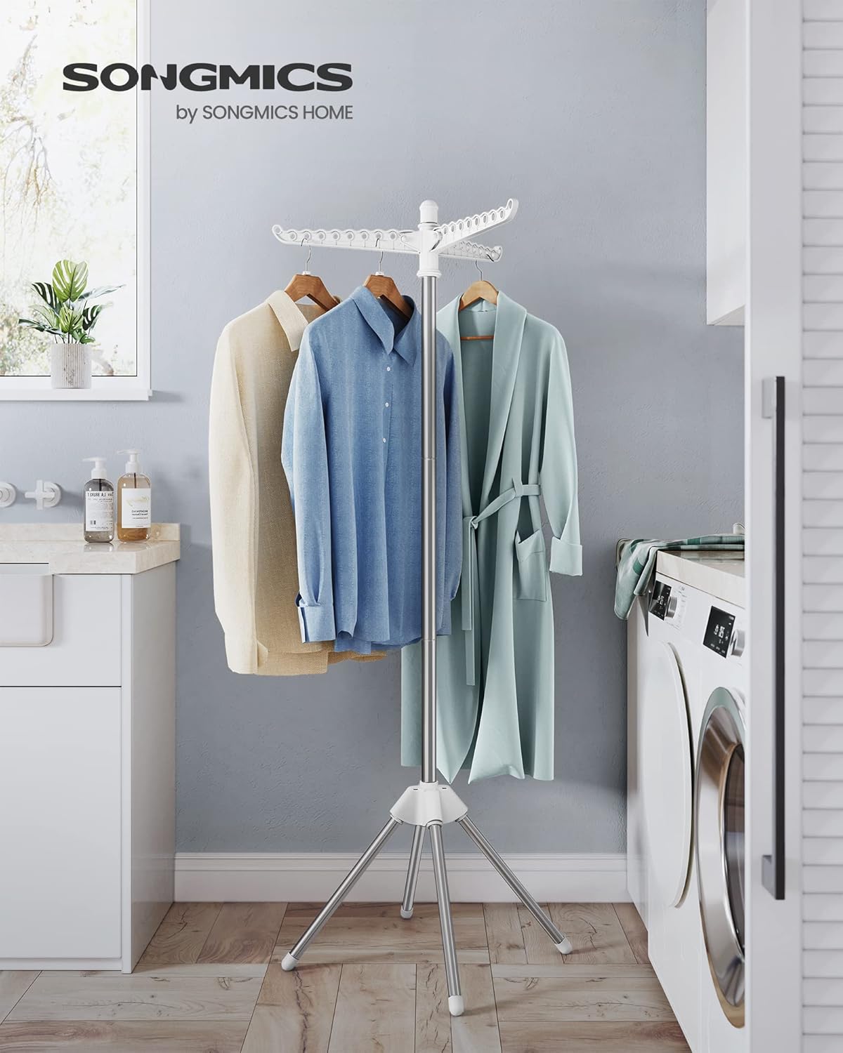 SONGMICS Clothes Drying Rack - 59-Inch Folding Laundry Rack with 3 Rotatable Arms & Stainless Steel | White/Silver