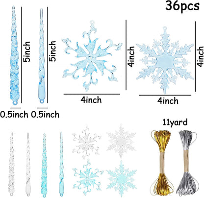 VGOODALL Clear Snowflake & Icicle Ornaments - 36PCS Acrylic Christmas Tree Decorations | Gold & Silver Strings