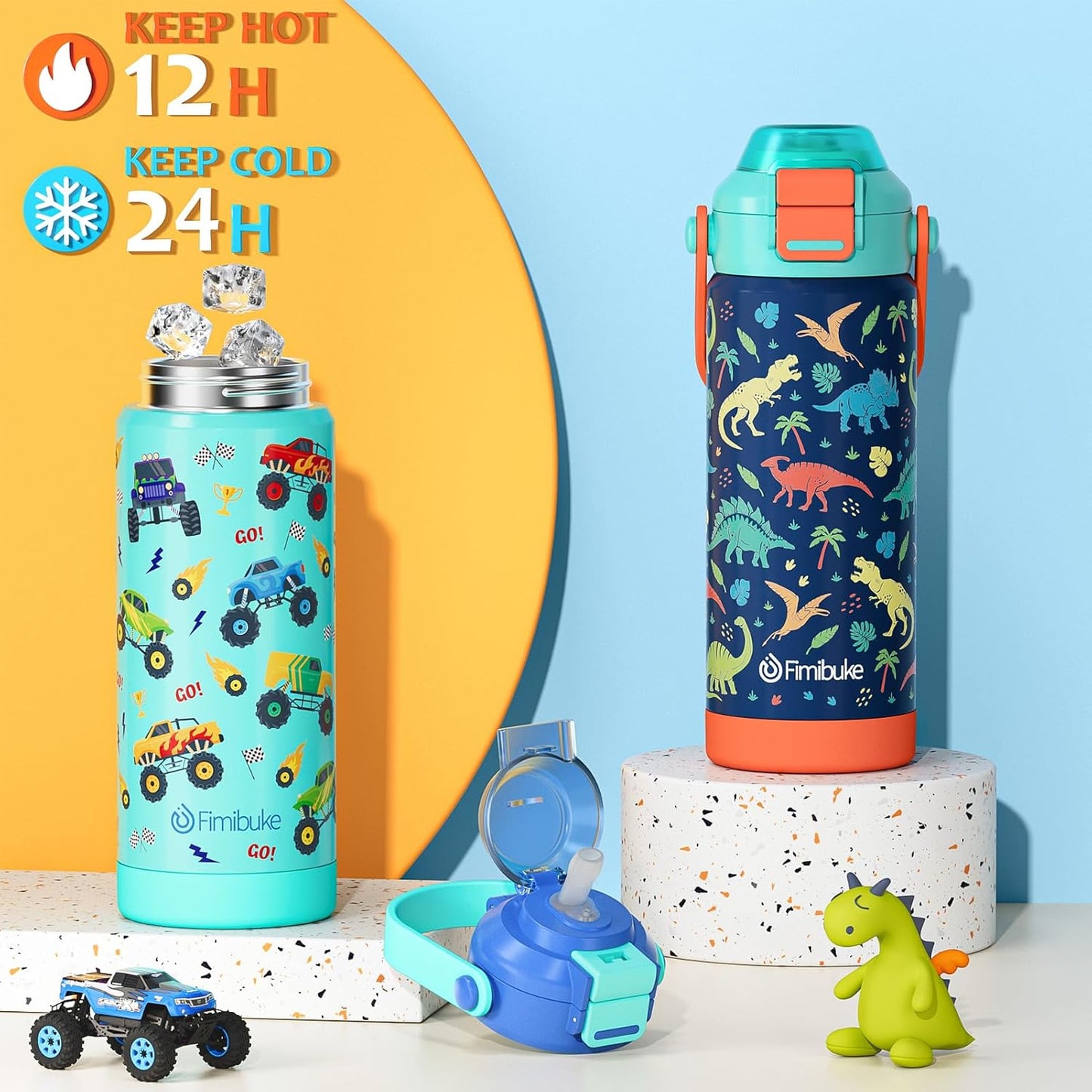 Skiennix Kids Insulated Water Bottle - 18oz Leak-Proof Stainless Steel Tumbler with 2-in-1 Lid | Rainbow & Mermaid Design