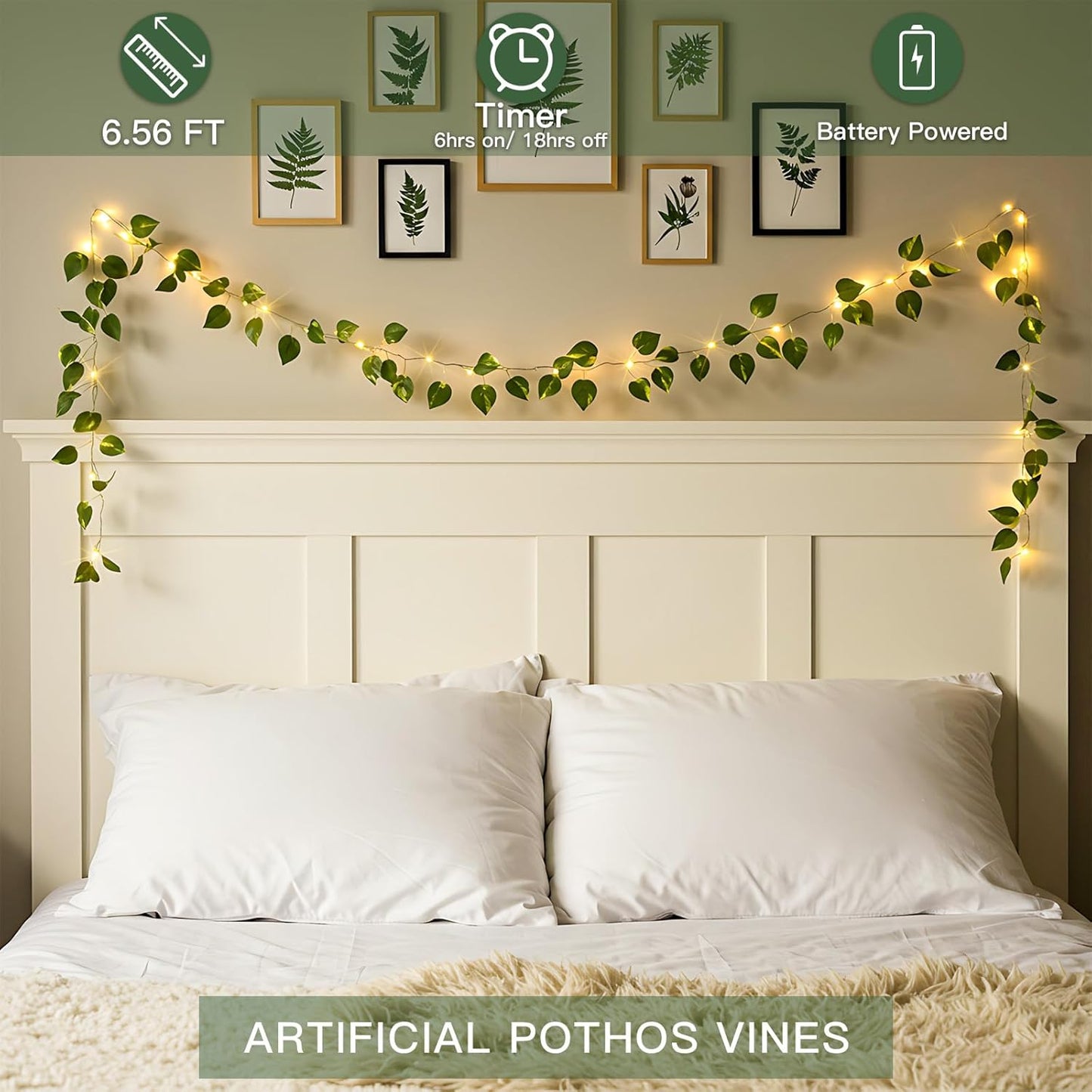 Suddus Vines with Lights - 20 LED Battery Operated Fairy Lights | 6.56FT Pothos String Lights for Bedroom, Garden, Party Decor (Warm White)
