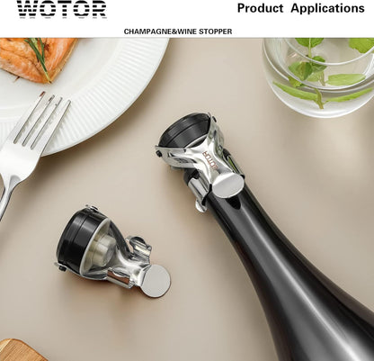 WOTOR Champagne&Wine Bottle Stoppers Stainless Steel with Food Grade Silicone, Leak Proof Keep Fresh Reusable Saver, Cork Suitable for Wine, Champagne, Cava, Prosecco and Sparkling (2 Pack Silver）
