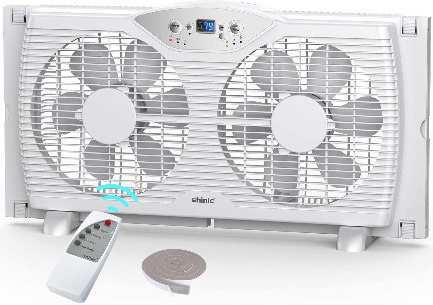 shinic Twin Window Fan, 9-Inch Blades Reversible Airflow, Thermostat Control, 3 Speeds, 23.8"-37" Expandable Width, Window Exchaust Fans for Home Bedroom, ETL Certified