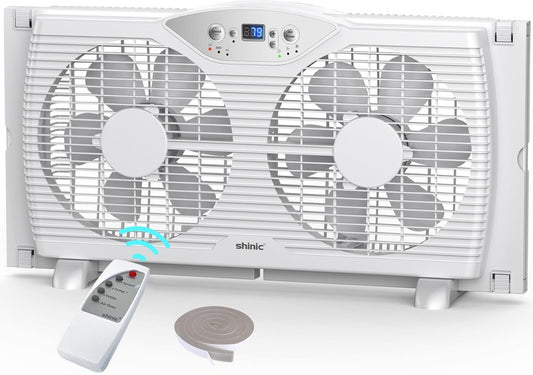 shinic Twin Window Fan, 9-Inch Blades Reversible Airflow, Thermostat Control, 3 Speeds, 23.8"-37" Expandable Width, Window Exchaust Fans for Home Bedroom, ETL Certified