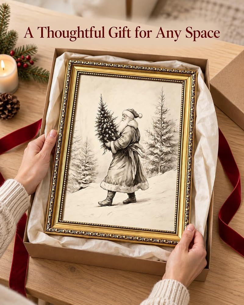 A-Tree Framed 24x16 Santa Wall Art - Vintage Gold Frame Christmas Canvas Print