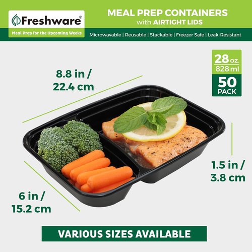 Freshware Meal Prep Containers - 50 Count 2-Compartment Food Storage Bento Boxes | BPA-Free, Stackable, 28 oz