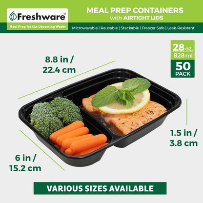 Freshware Meal Prep Containers - 50 Count 2-Compartment Food Storage Bento Boxes | BPA-Free, Stackable, 28 oz