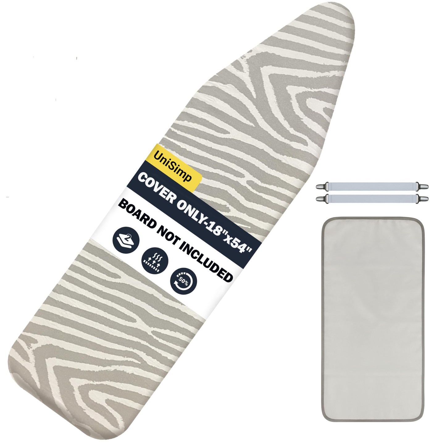 UniSimp Ironing Board Cover and Pad 18"x54" Extra Thick Natural Cotton, Scorch and Stain Resistant Iron Board Cover, Extra Large Iron Board Cover with Fasteners Heavy Duty Heatproof Elastic Edge Zebra