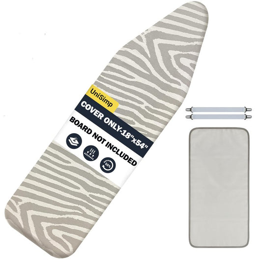 UniSimp Ironing Board Cover and Pad 18"x54" Extra Thick Natural Cotton, Scorch and Stain Resistant Iron Board Cover, Extra Large Iron Board Cover with Fasteners Heavy Duty Heatproof Elastic Edge Zebra