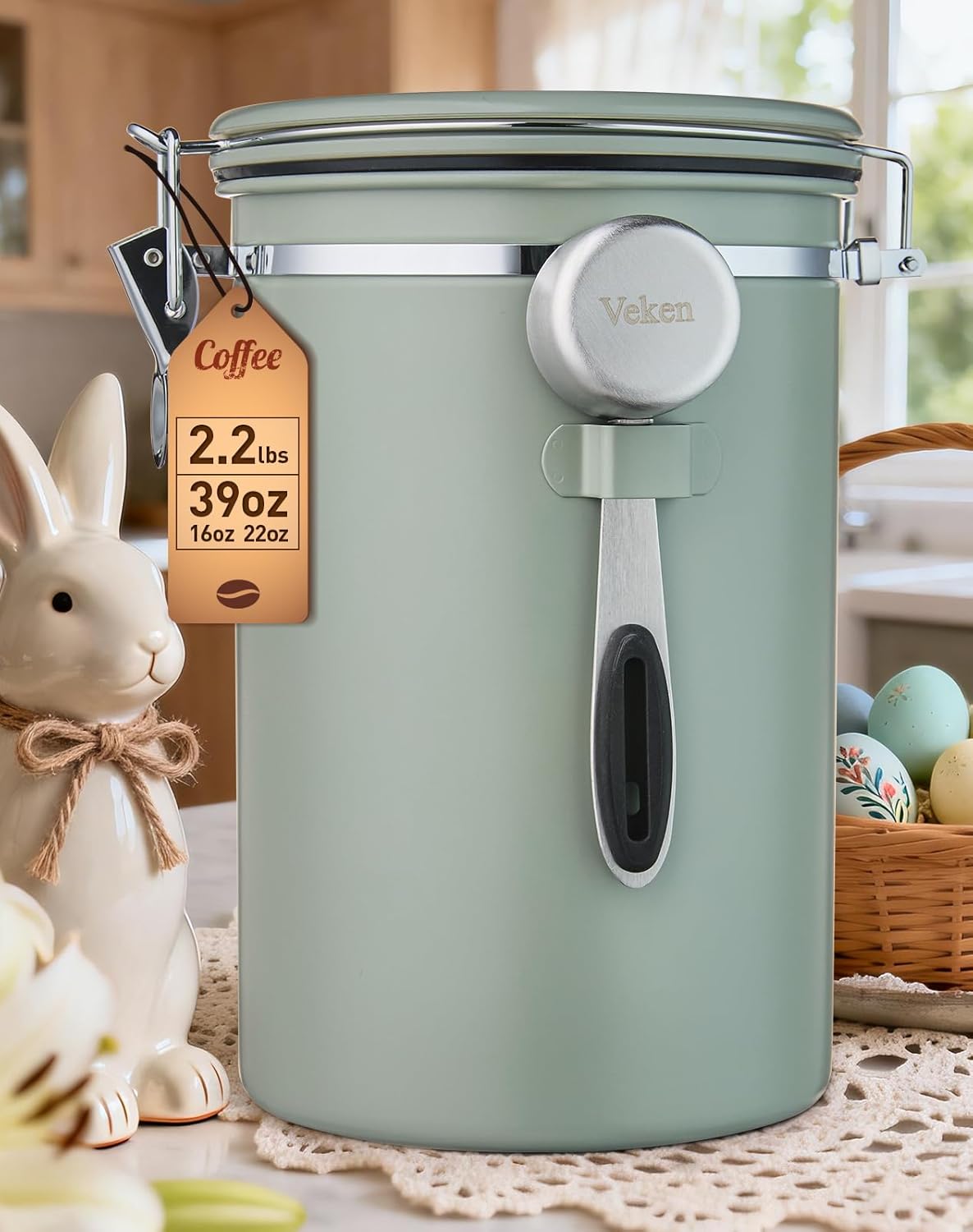 Veken Coffee Canister - 39oz Airtight Stainless Steel Storage for 2.2lbs Coffee, Sugar, Tea | Green with Date Tracker & Scoop