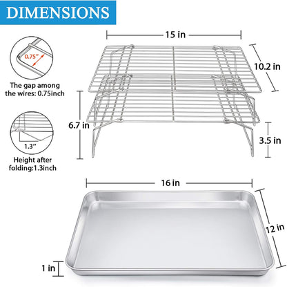 P&P CHEF 16-Inch Stainless Steel Baking Sheet Set - Includes 2 Pans & 2 Cooling Racks, Oven & Dishwasher Safe