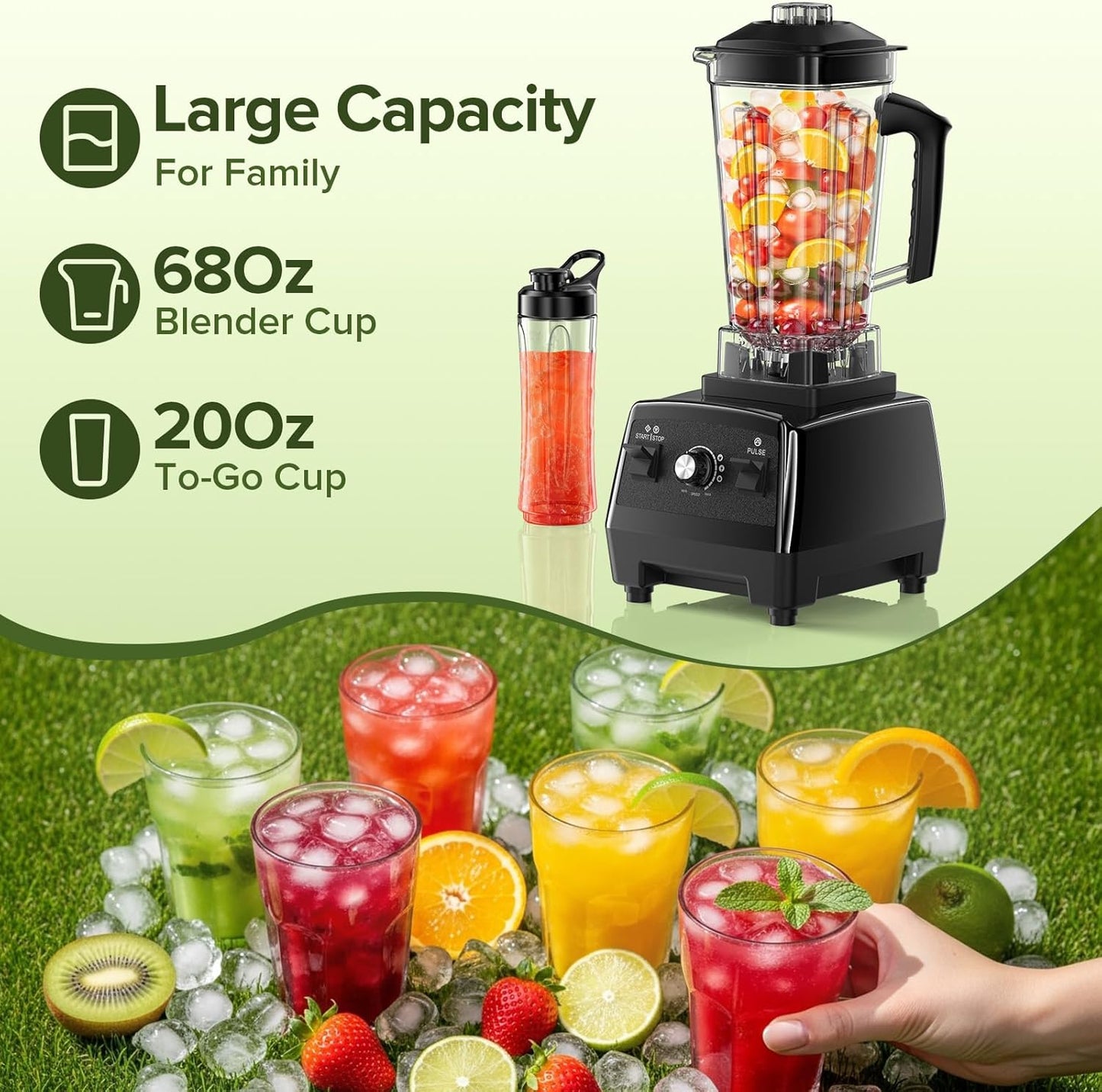 Skiennix Blender - Powerful Smoothie Maker with 68Oz Pitcher & 20Oz Juicer Container | Black