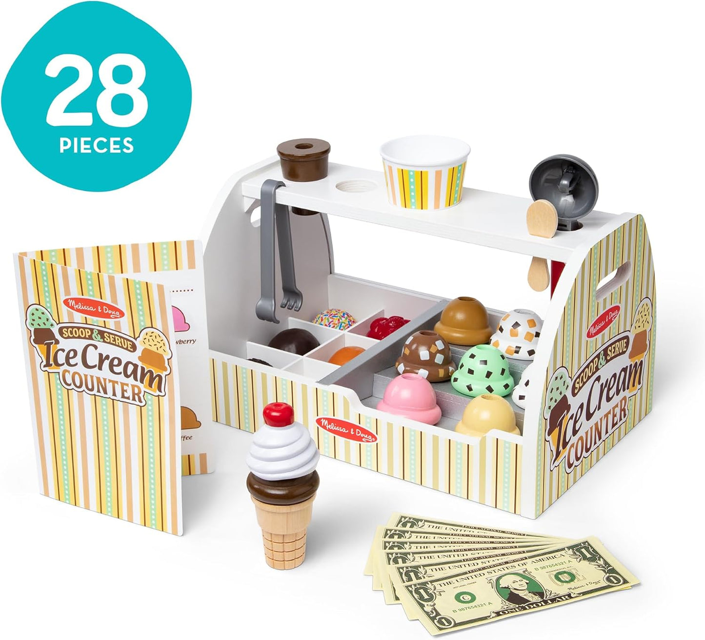 Melissa & Doug Wooden Ice Cream Counter - Pretend Play Store with 28 Accessories for Kids 3+