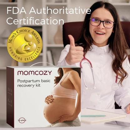 Momcozy Postpartum Recovery Essentials Kit, Labor Delivery Mom Care Kit, Self-Absorbent Disposable Underwear Nipple Nursing Pads Upside Down Peri Bottle Cold Pads Cooling Foam Canvas Bag Set