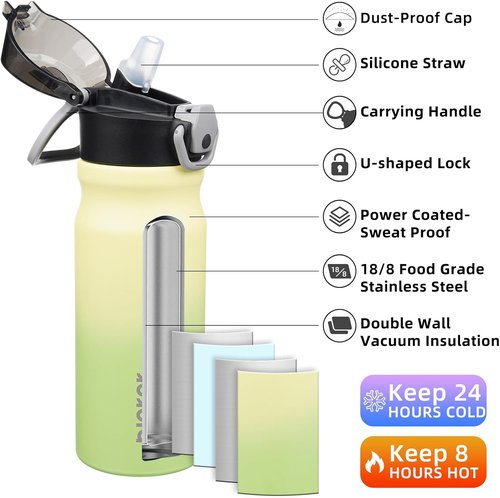 BJPKPK Insulated Water Bottle - 18oz Stainless Steel Thermal Flask with Straw & Carry Handle | Lime