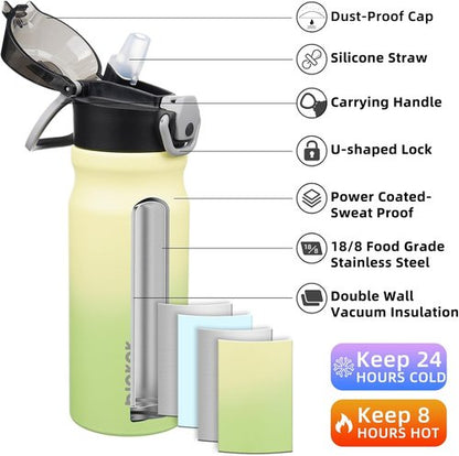 BJPKPK Insulated Water Bottle - 18oz Stainless Steel Thermal Flask with Straw & Carry Handle | Lime